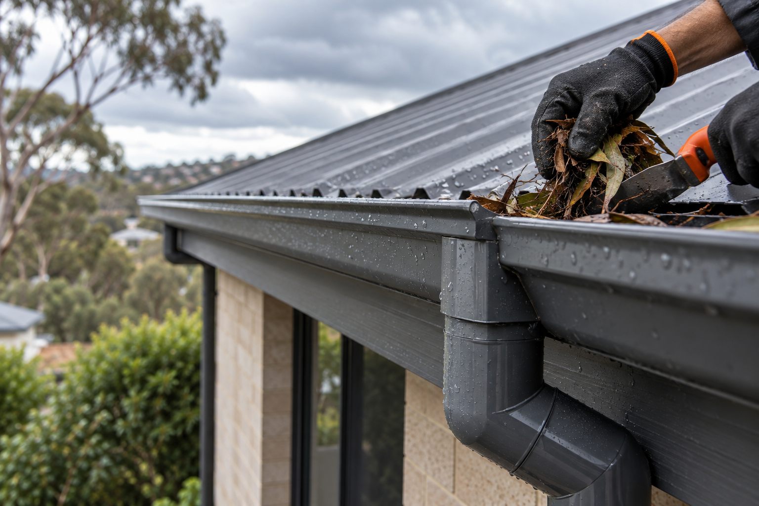 Roof gutter and downpipe detail