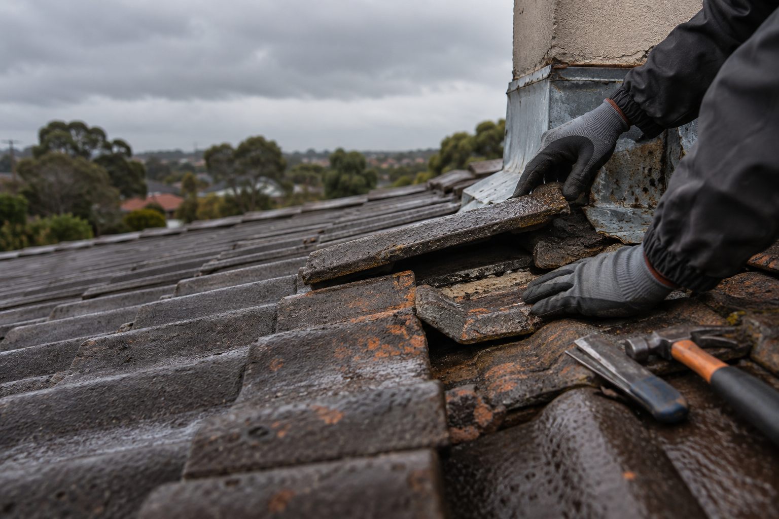 Close inspection of lifted roof tiles beside weathered flashing after rain