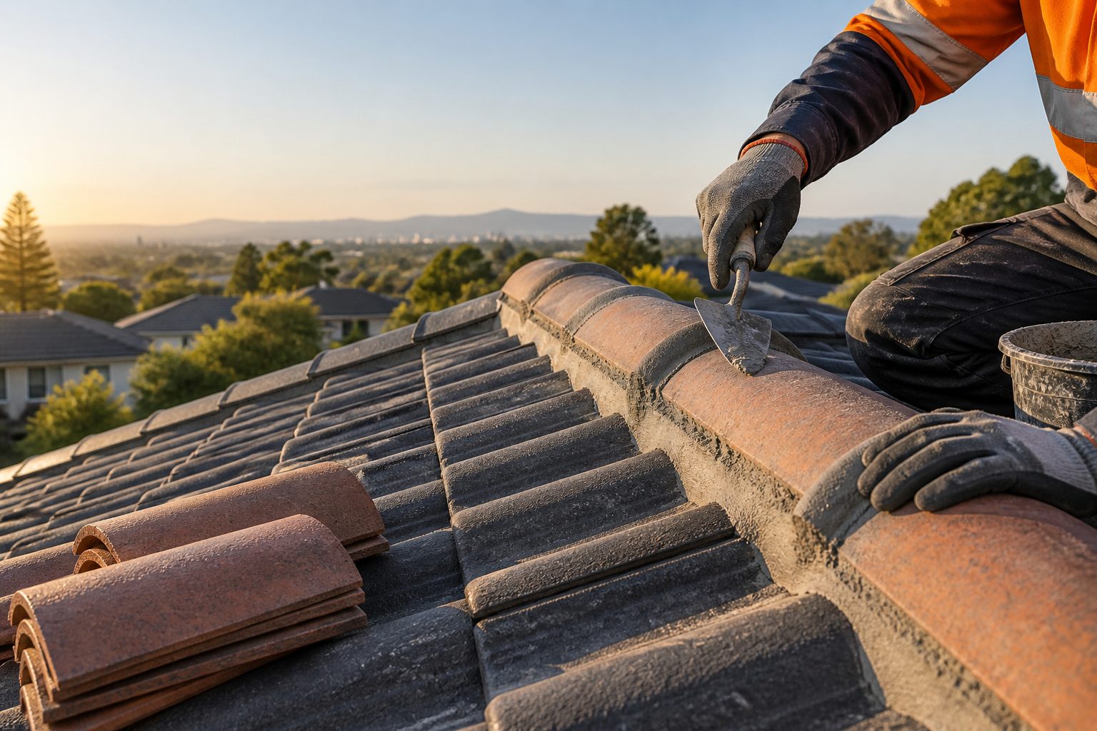 Gloved hands preparing ridge capping on a tiled roof