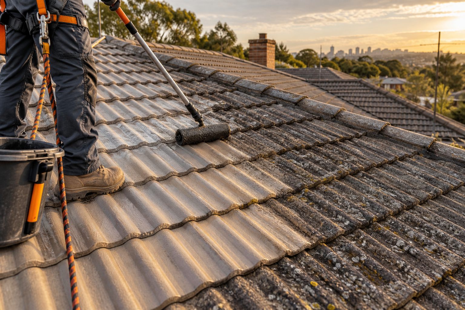 Weathered tiled roof surface being prepared for restoration